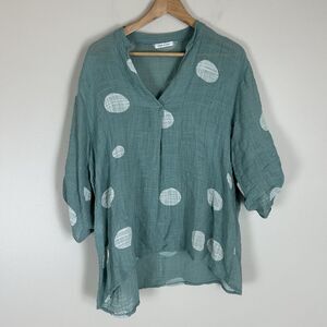 Made in Italy L Cotton Gauze Tunic Top Oversized Lagenlook Boho Polka Dot Blue